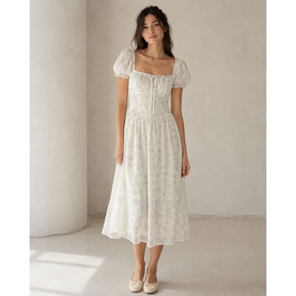 KESTAN Ivory Blue Floral Puff Sleeve Midi Dress Size M Smocked Back Cottagecore